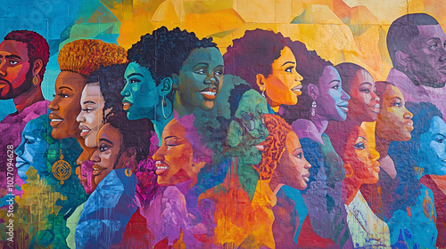 large mural on a city wall painted during Black Awareness Day, featuring important figures in African and diaspora history, bright colors and symbols of strength and unity, Ai generated images