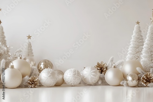 Christmas ornaments and white trees creating festive atmosphere on white background