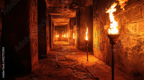 Ancient Tomb Passage with Flaming Torches 