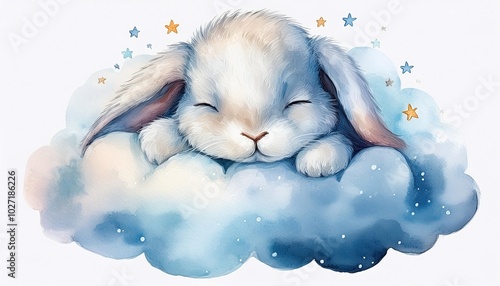 Children's watercolor poster featuring a sleeping bunny on a cloud, perfect for a lullaby theme, bringing a sense of calm and sweetness to any nursery or children's room