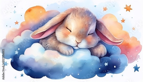 Children's watercolor poster featuring a sleeping bunny on a cloud, perfect for a lullaby theme, bringing a sense of calm and sweetness to any nursery or children's room