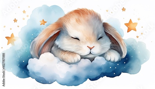 Children's watercolor poster featuring a sleeping bunny on a cloud, perfect for a lullaby theme, bringing a sense of calm and sweetness to any nursery or children's room