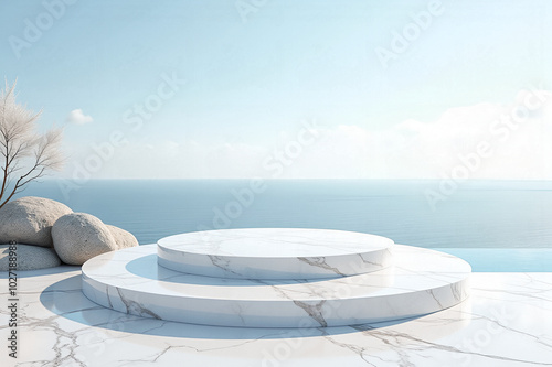 elegant white marble podium overlooking a serene sea view, creating a high-quality visual that embodies sophistication and luxury in a tranquil setting