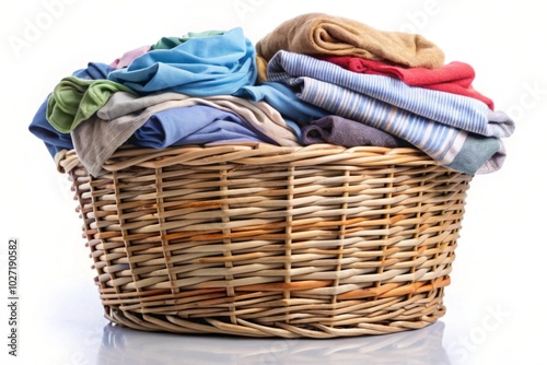 Laundry basket clean clothes cleaning chores housework, clean clothes and Wicker basket with clean laundry isolated on white background