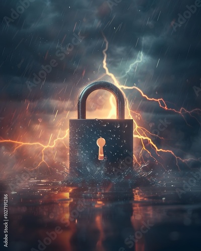 Resilient Padlock Icon Endures Stormy Conditions Symbolizing Unbreakable Security