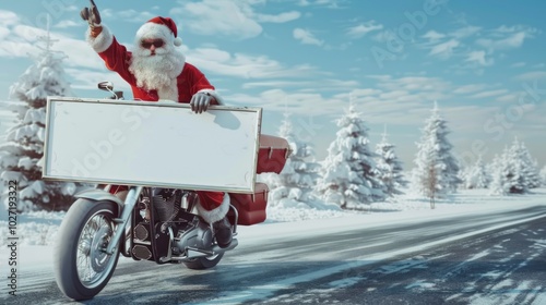 A santa riding a motorcycle with a white sign in his hand