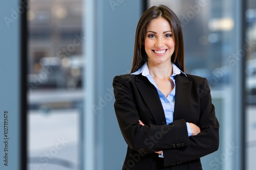 Businesswoman smiling with arms crossed in office building