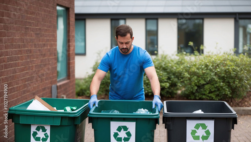 A man sorting glass and paper waste into separate recycling containers outdoors