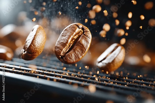 Close-up of coffee beans in mid-air motion, emphasizing freshness and dynamic energy, suitable for themes of vitality and awakening.