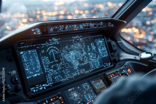 High-tech cockpit display featuring advanced flight controls against a backdrop of city lights, conveying precision and navigation themes.