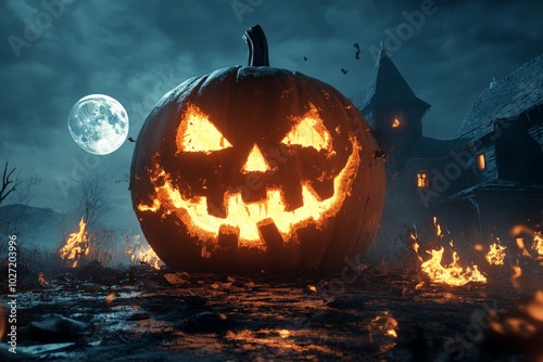 A haunting Halloween scene with a giant fiery jack-o'-lantern lit from within, standing amid flames under a large, eerie full moon by a haunted house.