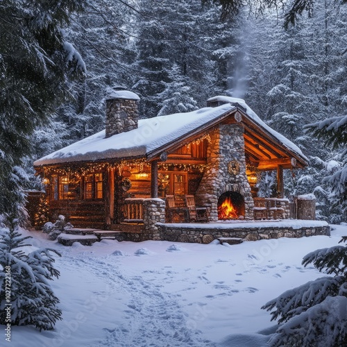 Cozy wooden cabin with a fireplace, nestled in a snowy forest.