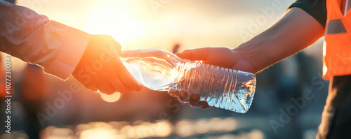 Two hands exchanging a bottle of water under a sunset, symbolizing teamwork and hydration in an outdoor environment.