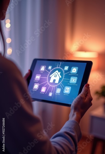 A person using a tablet to control smart home devices, showcasing the convenience and technology of modern home automation.