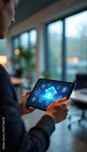 A professional using a tablet to manage smart home features, showcasing digital innovation in home automation and technology.