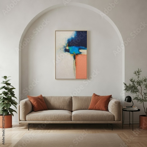 Minimalist living room with an abstract painting and arched alcove.