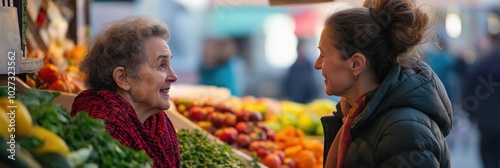 A lively market scene featuring a vendor engaged in friendly conversation with a customer, surrounded by a vibrant array of fruits and produce, exuding warmth and community.