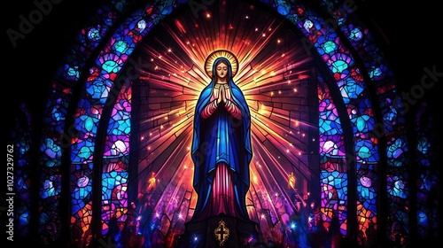 A detailed stained glass window depicting the Immaculate Conception, with rich colors and intricate design