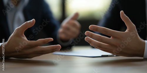 A business negotiation features hands gesturing over a document on a table, emphasizing the arts of persuasion, communication, and the dynamics of professional interaction.