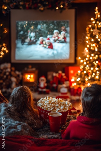 Two children watching a Christmas movie on a projector screen with a bowl of popcorn and a red cup in front of them.