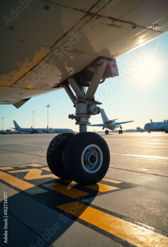 Close-up view of aircraft landing gear on a runway at sunset, highlighting the aviation industry and airport operations.