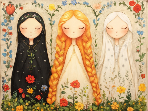 Symbolic representation of the archetypes of mother, maiden, and crone in a harmonious composition, showcasing the beauty and wisdom of womanhood through different life stages