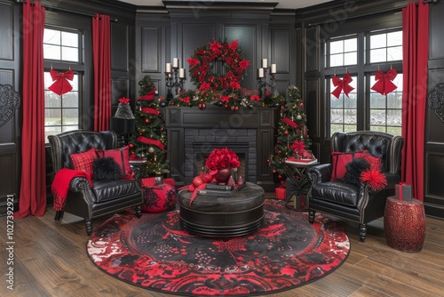 Elegant black and red holiday living room decorated with festive wreaths and Christmas trees during the winter season