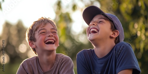 Two cheerful young boys sharing a hearty laugh in the sunlight, enjoying a carefree moment outdoors and experiencing the joy of childhood friendship and happiness.