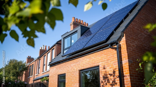 Modern UK house with solar panels seamlessly integrated into its roof, highlighting the rise of sustainable living and renewable energy adoption. Eco-friendly design concept