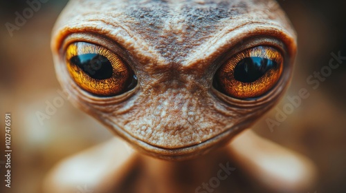 This image captures the close-up of a mysterious reptilian creature's face, highlighting its large, expressive eyes and unique textured skin in detail.