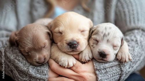 a dog breeder caring for newborn puppies, symbolizing life and nurturing