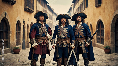 Three musketeers in historical costumes stand proudly in old town