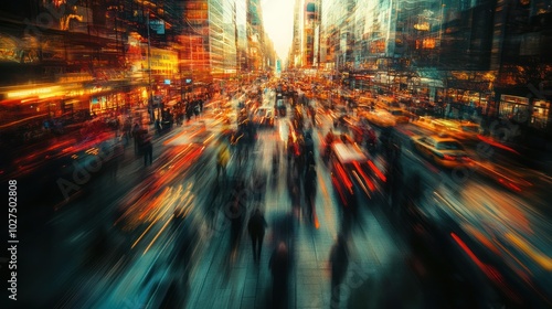 Blurred long-exposure of busy street life, showcasing the continuous flow of people and traffic in an urban setting, 