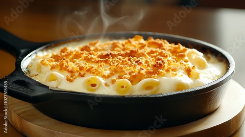 cheesy mac and cheese in a cast-iron skillet, with golden breadcrumbs crisped on top and steam rising.