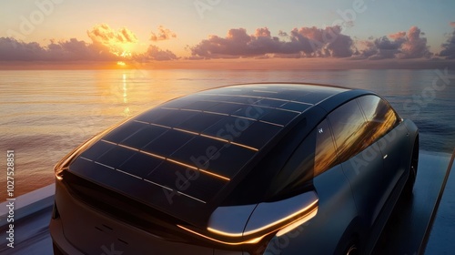 Flexible solar panels for vehicles, featuring flexible solar panels seamlessly attached to the roof of an electric vehicle, 