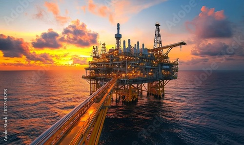 An offshore oil rig stands tall in the vast ocean at sunset. The platform is illuminated, casting a warm glow against the dramatic sky.