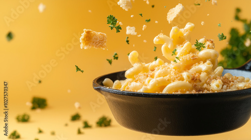 A delectable dish of macaroni spirals, embellished with fresh herbs and crunchy breadcrumbs, seemingly floats against a vibrant backdrop, enticing any viewer.