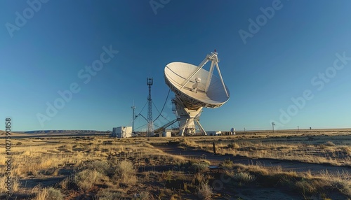 A large, white satellite dish stands tall in a barren desert landscape, pointing towards the clear blue sky.