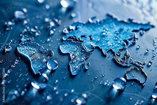 World map in water droplets on glass surface