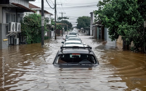 A flooded street with cars after severe flooding in a residential neighborhood. Natural disasters. Flooding