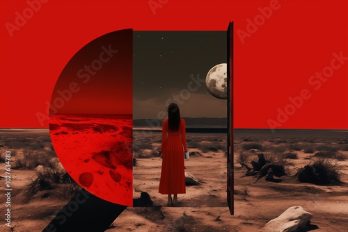 A surreal scene featuring a woman in a red dress standing before a portal, looking into a cosmic landscape with a large moon against a vivid red backdrop.