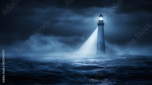 31. A spooky lighthouse shining its beam over the ocean