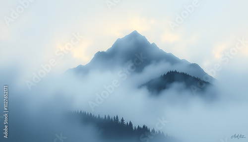 A painting featuring a mountain shrouded in fog, Ethereal wisps of misty blue enveloping the scene