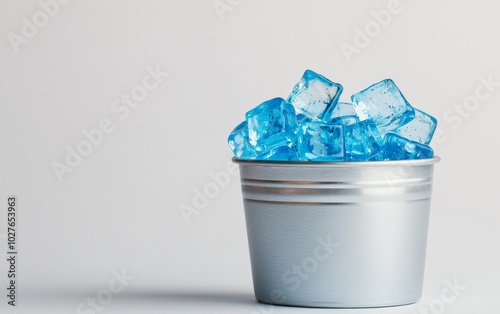 A bucket filled with blue ice cubes on a white isolated background.