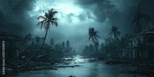  Post-hurricane devastation with palm trees and destroyed buildings under dark skies, symbolizing the aftermath of a natural disaster in a tropical landscape.