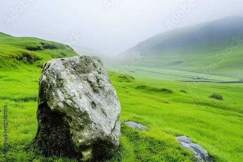 Celtic Heritage Reflected in a Misty Landscape With Ancient Stone in Ireland's Lush Countryside