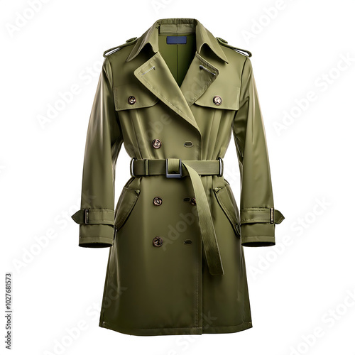 A classic trench coat in khaki, with crisp lapels, buttoned epaulettes on white background