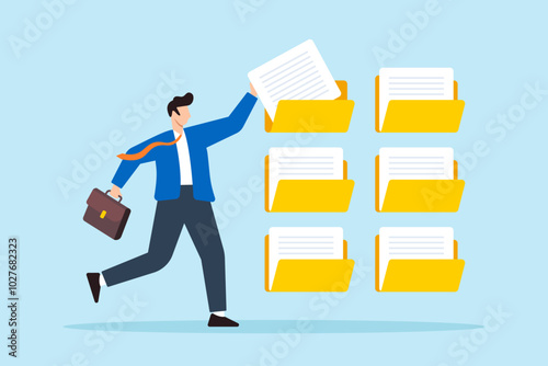 Flat illustration of businessman organizes documents into archive folders illustrating file management and administrative work