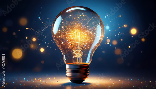 light bulb on black background,Technology light bulb in the dark,Idea Constellation A light bulb glowing like a star among a constellation of blue lights, depicting the birth of a brilliant idea in a 