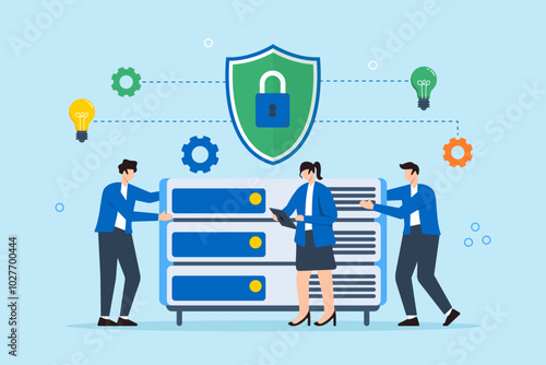 Flat illustration of three people building secure network around server to prevent cyberattacks with encryption and cybersecurity protocols